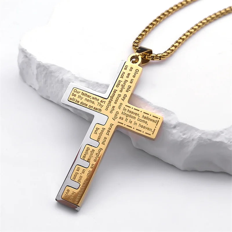 Christian Jesus Cross Necklace Chain for Men Stainless Steel Gold Color Bible Prayer Man Male Jewelry Collar Hombre N2005S02
