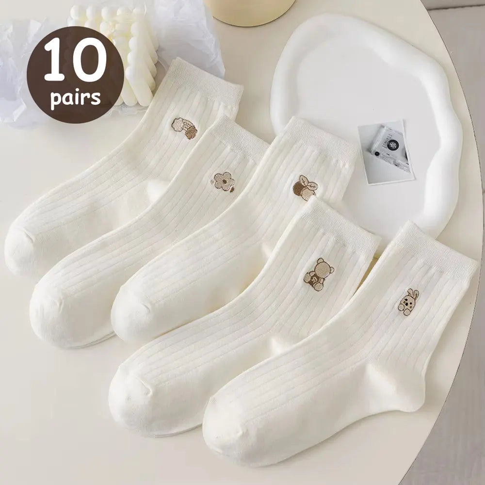 5/10 Pairs Women Cartoon Socks round Mid Tube Fashionable Cute Expression Pattern Socks Casual Breathable Autumn Girls Socks