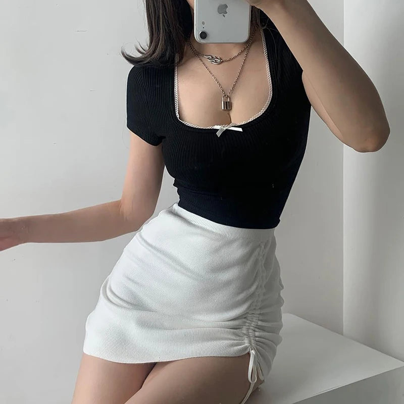 White High Waist Stretch Side Drawstring Skirt Women Club Slim Knitted Short Skirt Sexy All-Match Fashion Mini Skirt Black