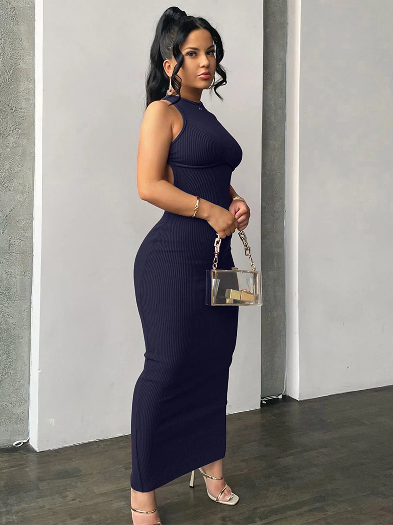 Ribbed Solid Hollow Out Backless Sleeveless Sexy Slit Mini Dress Bodycon 2025 Spring Women Outfits Elegant Party Y2K