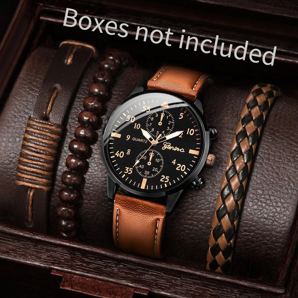 4Pcs/Set Men'S Business Watches Fashion Arabic Dial Leather Band Quartz Watches Vintage Bracelets Set（Without Box）