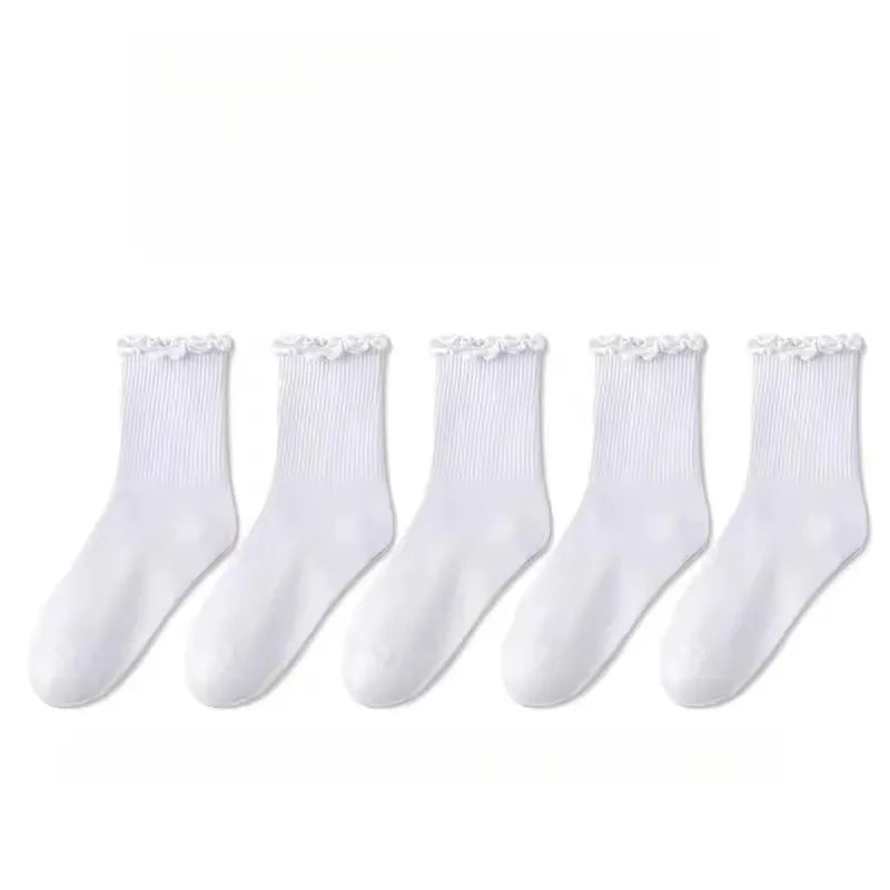 3/5/6/10 Pairs Ruffled Mid Length Socks Women Breathable Solid Color Set Spring and Autumn Comfort Sweat-Absorbing Girls' Socks