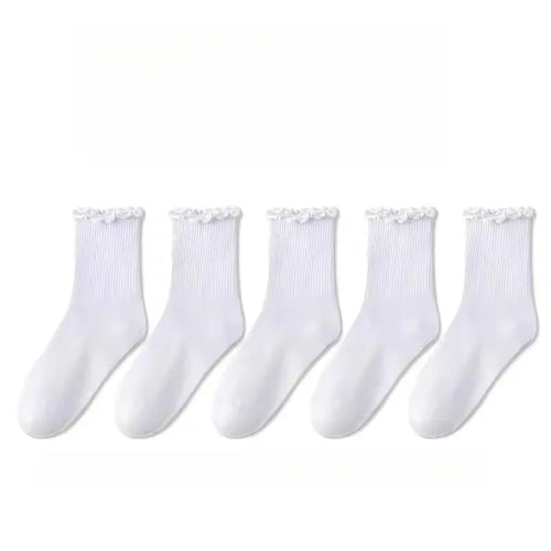 3/5/6/10 Pairs Ruffled Mid Length Socks Women Breathable Solid Color Set Spring and Autumn Comfort Sweat-Absorbing Girls' Socks
