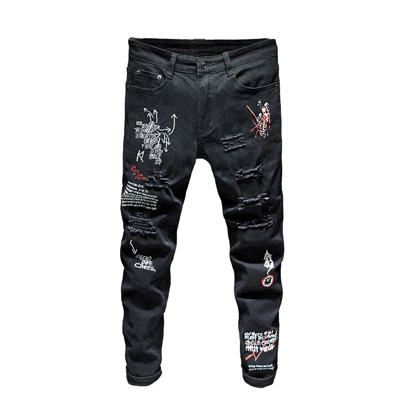 New Men Streetwear Personality Ripped Printed White Skinny Jeans Hip Hop Punk Casual Motorcycle Stretch Denim Jeans Trousers