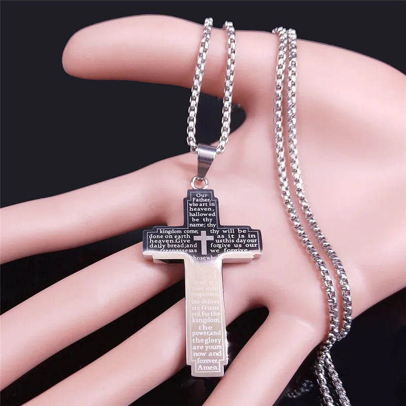 Christian Bible Cross Chain Necklace Stainless Steel Pendant Necklace for Men Religious Prayer Jesus Jewelry Corrente Masculina