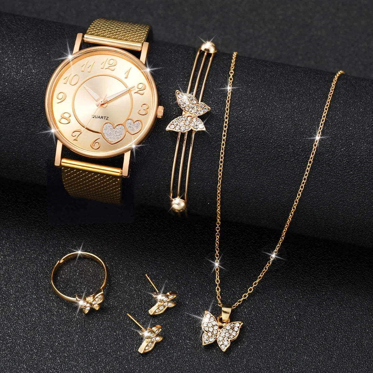 3/6PCS Fashion Heart Women'S Watch Plastic Band Analog Golden Quartz Watches Butterfly Jewelry Set(Without Box)