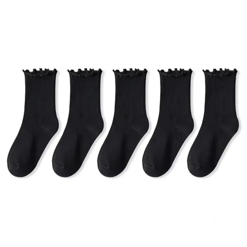 3/5/6/10 Pairs Ruffled Mid Length Socks Women Breathable Solid Color Set Spring and Autumn Comfort Sweat-Absorbing Girls' Socks