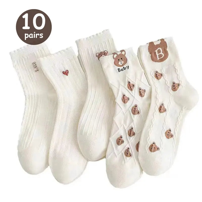 5/10 Pairs Women Cartoon Socks round Mid Tube Fashionable Cute Expression Pattern Socks Casual Breathable Autumn Girls Socks
