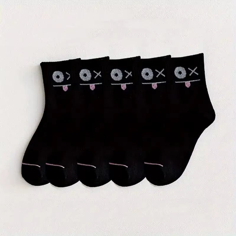 5/10 Pairs Women'S Cute Expression Printed Ankle Socks Comfort Interesting Spring Autumn Medium Tube Sock Girls' Short Socks