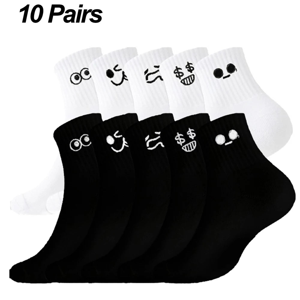 5/10 Pairs Women Cartoon Socks round Mid Tube Fashionable Cute Expression Pattern Socks Casual Breathable Autumn Girls Socks