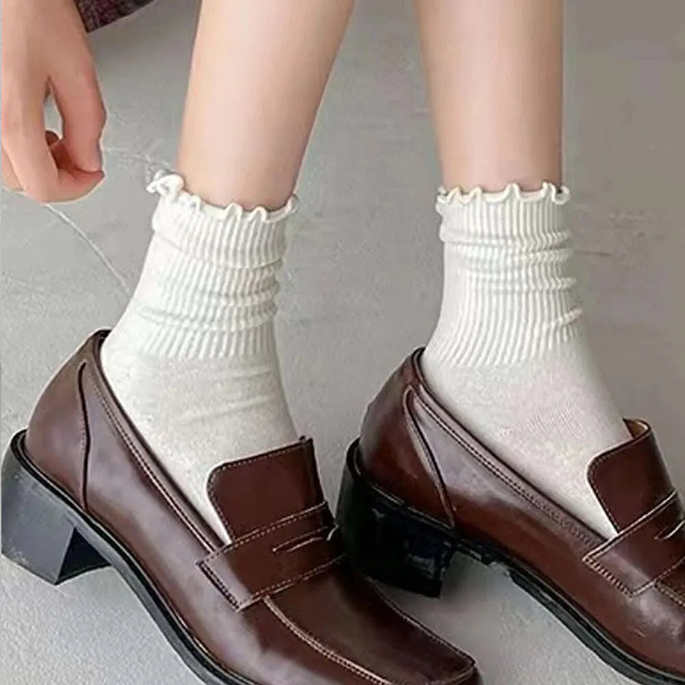 3/5/6/10 Pairs Ruffled Mid Length Socks Women Breathable Solid Color Set Spring and Autumn Comfort Sweat-Absorbing Girls' Socks