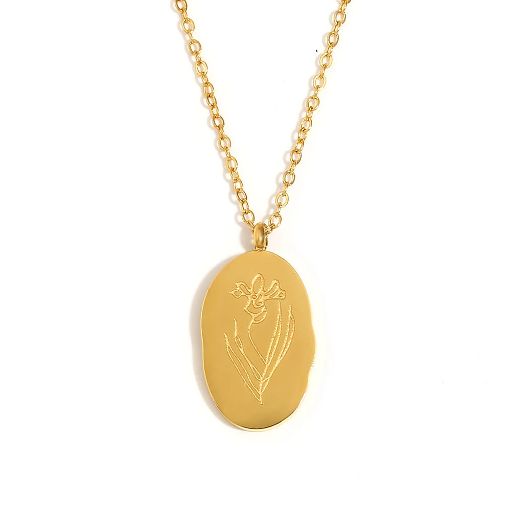 Tarnish Free Irregular Personality 12 Months Flower Pendant Necklace Stainless Steel Gold Plated Birthstone Necklace