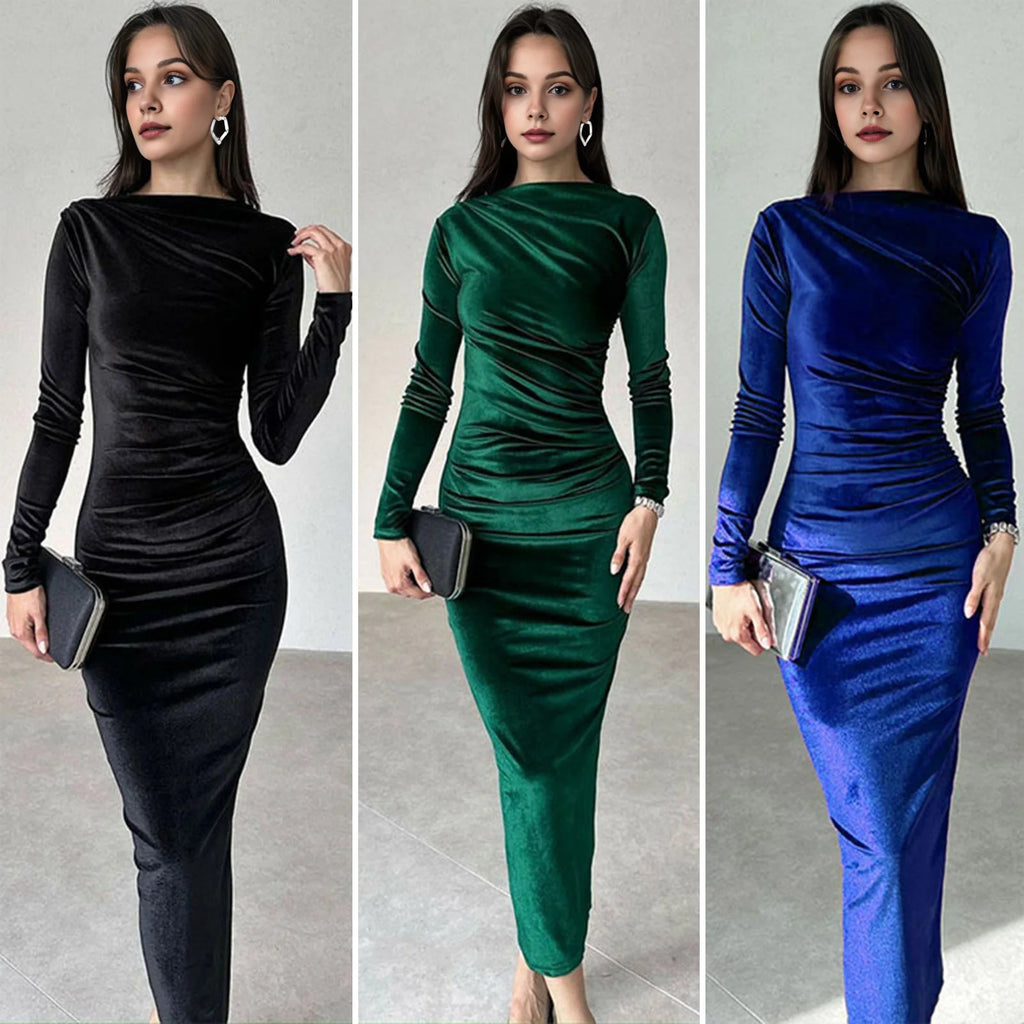 Spring Autumn Sexy Knitted Long Dress Women Long Sleeve V Neck Bodycon Maxi Dress Slit Hem Thread Slim Evening Party Dress