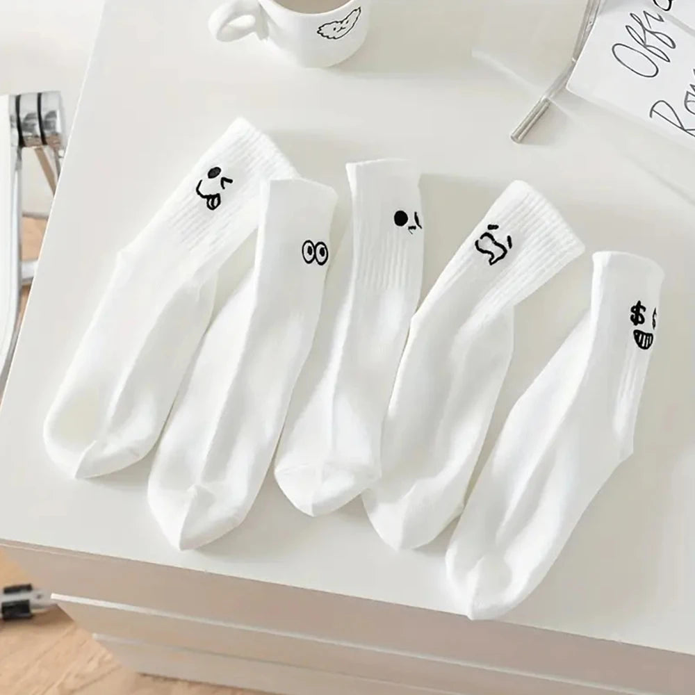 5/10 Pairs Women Cartoon Socks round Mid Tube Fashionable Cute Expression Pattern Socks Casual Breathable Autumn Girls Socks