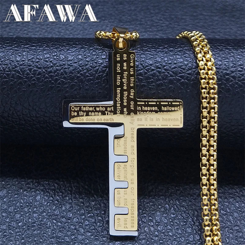 Cross Christian Church Prayer Necklace Men Stainless Steel Gold Color Bible Amulet Necklaces Jewelry Colar Masculino N2005S02