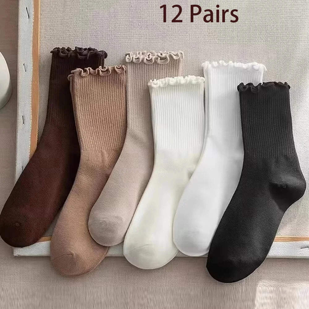 3/5/6/10 Pairs Ruffled Mid Length Socks Women Breathable Solid Color Set Spring and Autumn Comfort Sweat-Absorbing Girls' Socks
