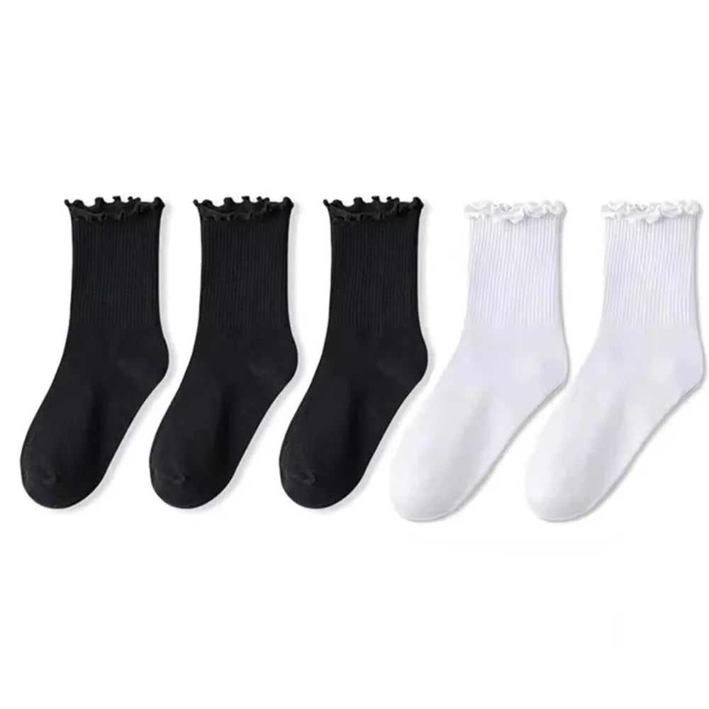 3/5/6/10 Pairs Ruffled Mid Length Socks Women Breathable Solid Color Set Spring and Autumn Comfort Sweat-Absorbing Girls' Socks