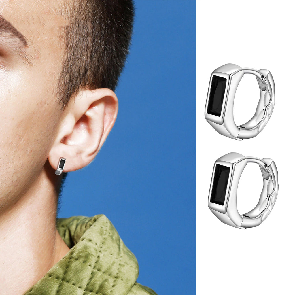 Geometric Black Stone Earrings for Men Boys,Silver Color Metal Hoop Earrings,Stylish Gift for Husband Dad Boyfriend