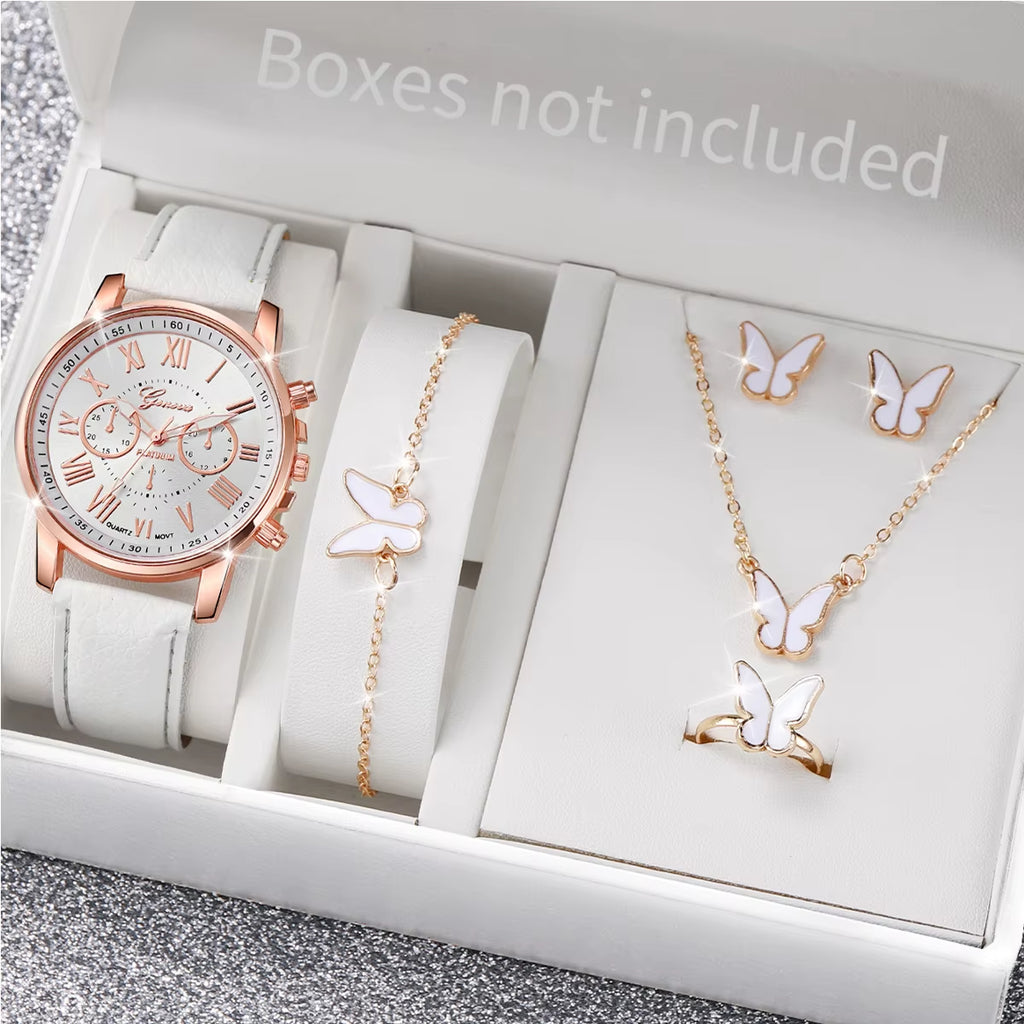 5/6PCS Fashion Women'S Quartz Watch Leather Band Analog Wrist Watches Heart Rhinestone Jewelry Set(Without Box)
