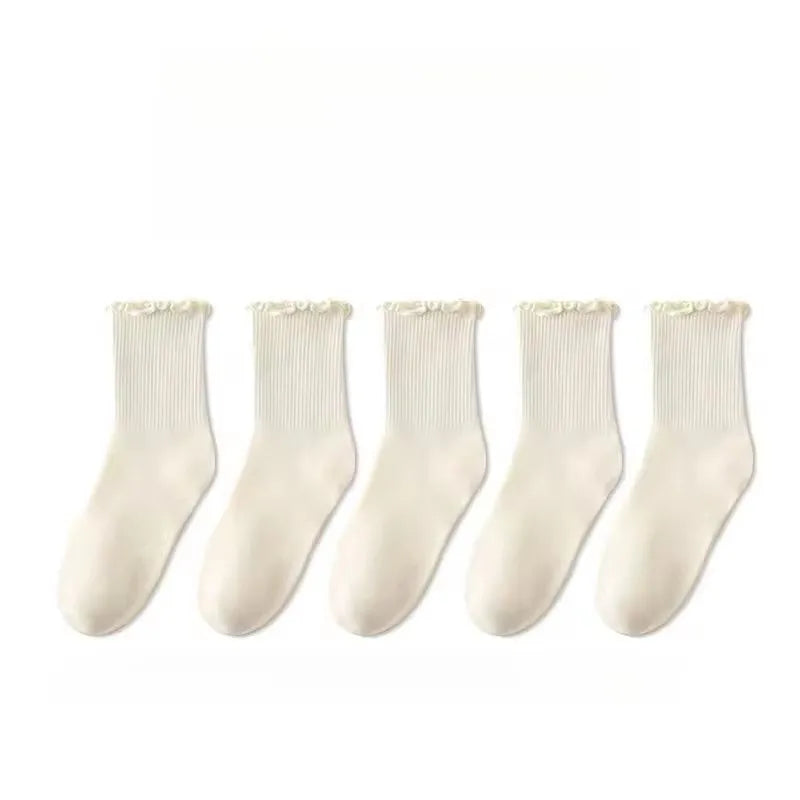 3/5/6/10 Pairs Ruffled Mid Length Socks Women Breathable Solid Color Set Spring and Autumn Comfort Sweat-Absorbing Girls' Socks