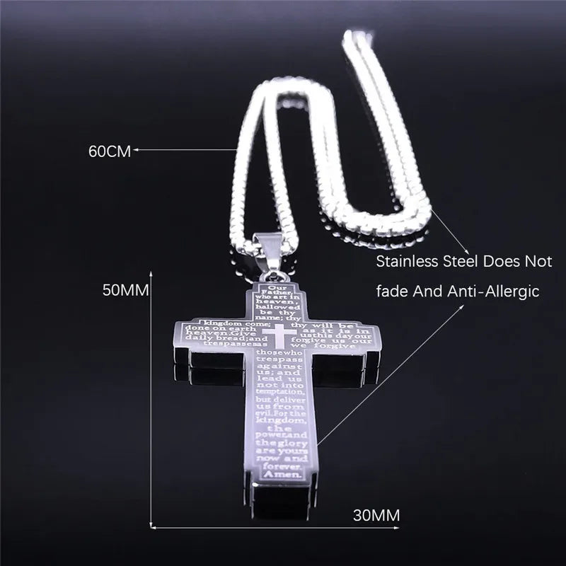 Christian Bible Cross Chain Necklace Stainless Steel Pendant Necklace for Men Religious Prayer Jesus Jewelry Corrente Masculina
