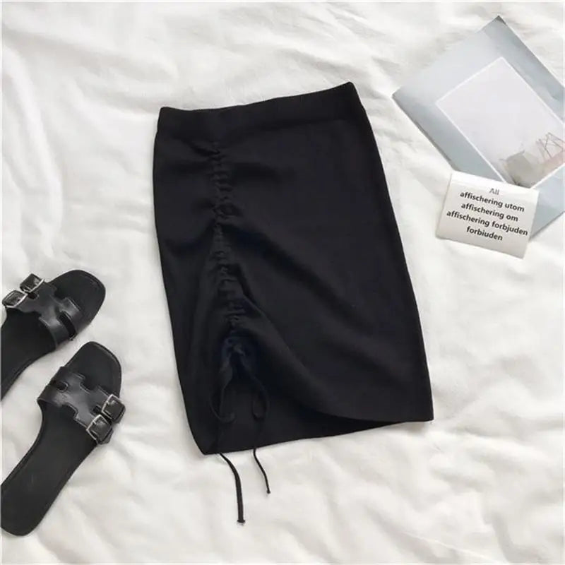 White High Waist Stretch Side Drawstring Skirt Women Club Slim Knitted Short Skirt Sexy All-Match Fashion Mini Skirt Black