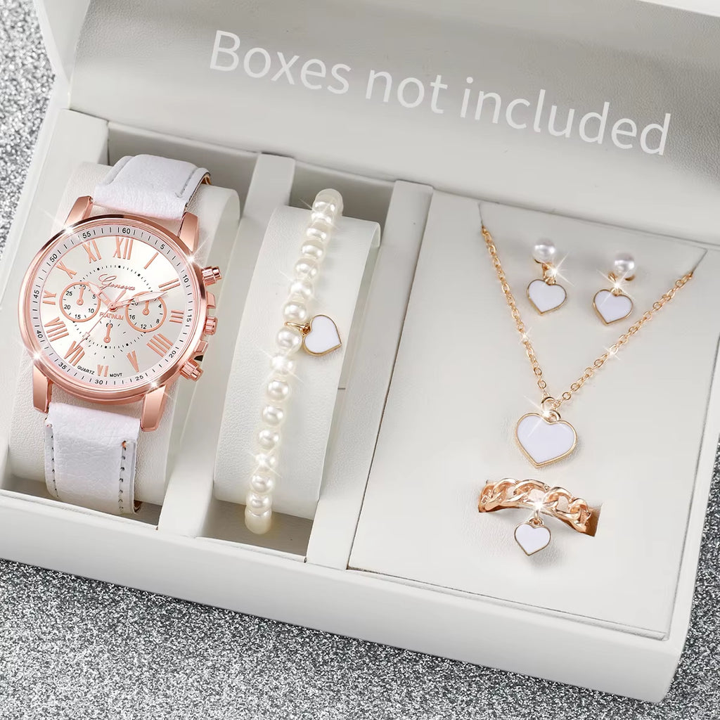5/6PCS Fashion Women'S Quartz Watch Leather Band Analog Wrist Watches Heart Rhinestone Jewelry Set(Without Box)