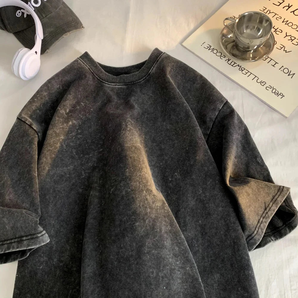 Washed Vintage Men Women T-Shirts Street Hip Hop Retro Punk T Shirt Harajuku Casual Cotton Short Sleeve Acid Wash Tshirts Tops