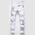 New Men Streetwear Personality Ripped Printed White Skinny Jeans Hip Hop Punk Casual Motorcycle Stretch Denim Jeans Trousers