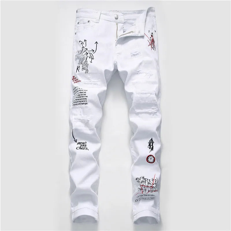 New Men Streetwear Personality Ripped Printed White Skinny Jeans Hip Hop Punk Casual Motorcycle Stretch Denim Jeans Trousers