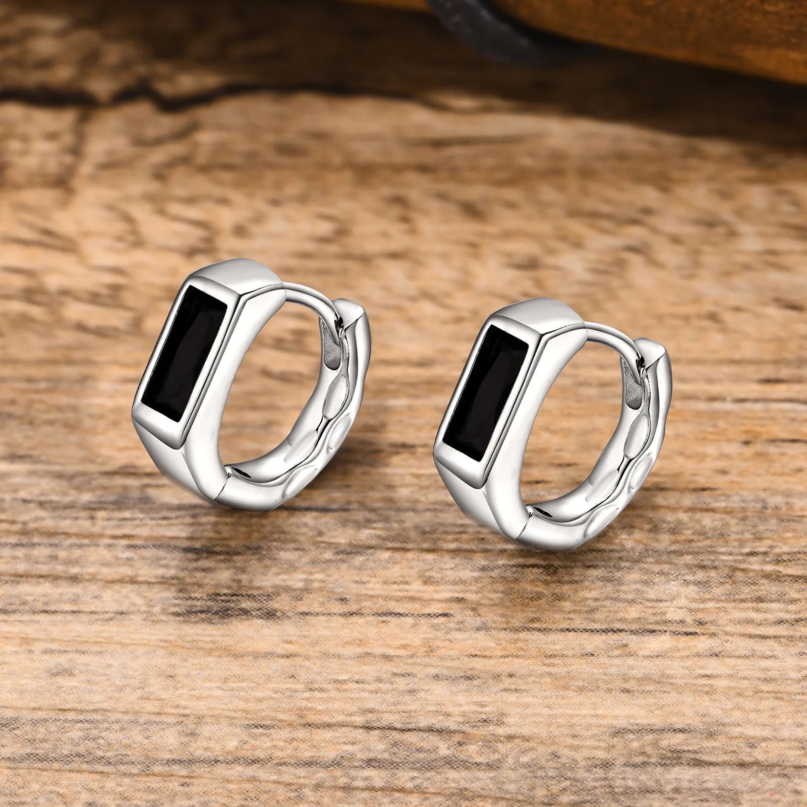 Geometric Black Stone Earrings for Men Boys,Silver Color Metal Hoop Earrings,Stylish Gift for Husband Dad Boyfriend