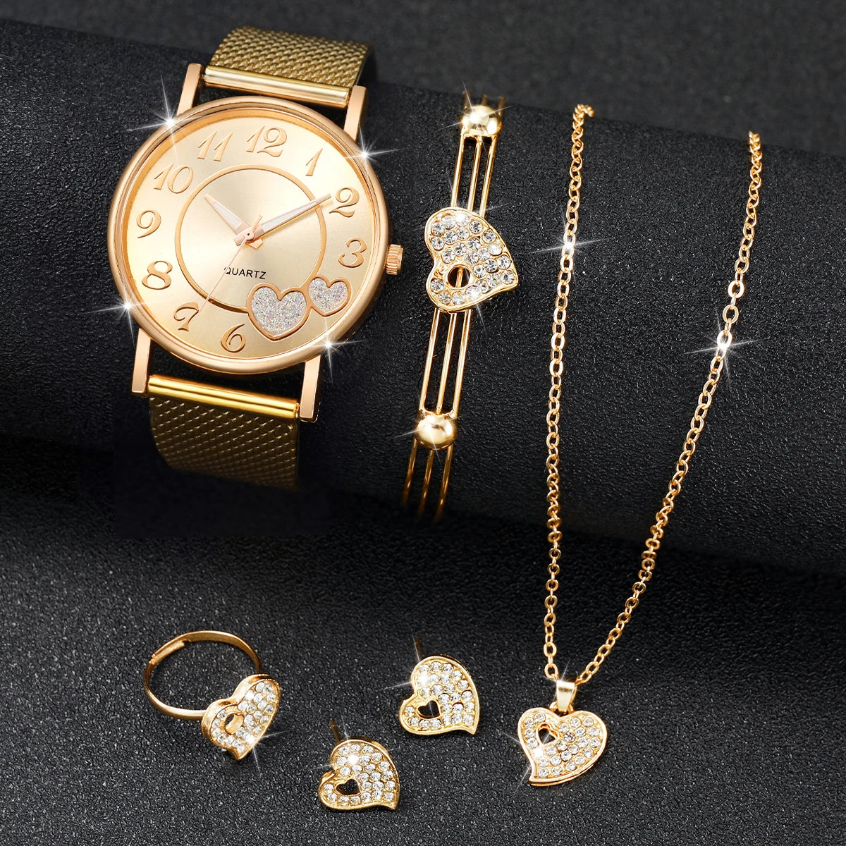 3/6PCS Fashion Heart Women'S Watch Plastic Band Analog Golden Quartz Watches Butterfly Jewelry Set(Without Box)