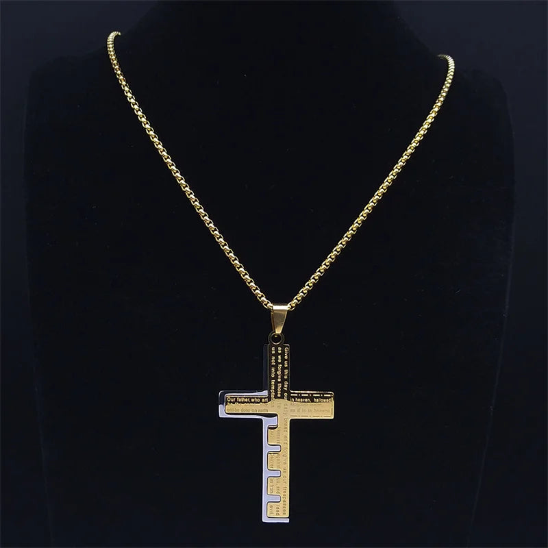 Christian Jesus Cross Necklace Chain for Men Stainless Steel Gold Color Bible Prayer Man Male Jewelry Collar Hombre N2005S02