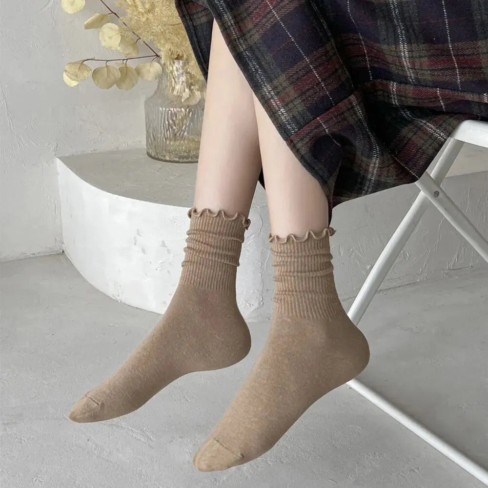 3/5/6/10 Pairs Ruffled Mid Length Socks Women Breathable Solid Color Set Spring and Autumn Comfort Sweat-Absorbing Girls' Socks