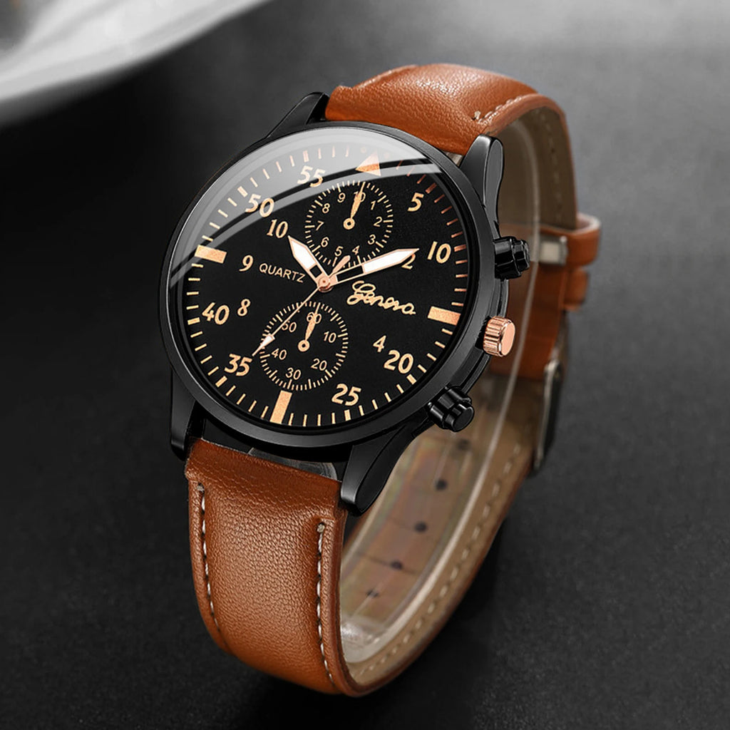 4Pcs/Set Men'S Business Watches Fashion Arabic Dial Leather Band Quartz Watches Vintage Bracelets Set（Without Box）