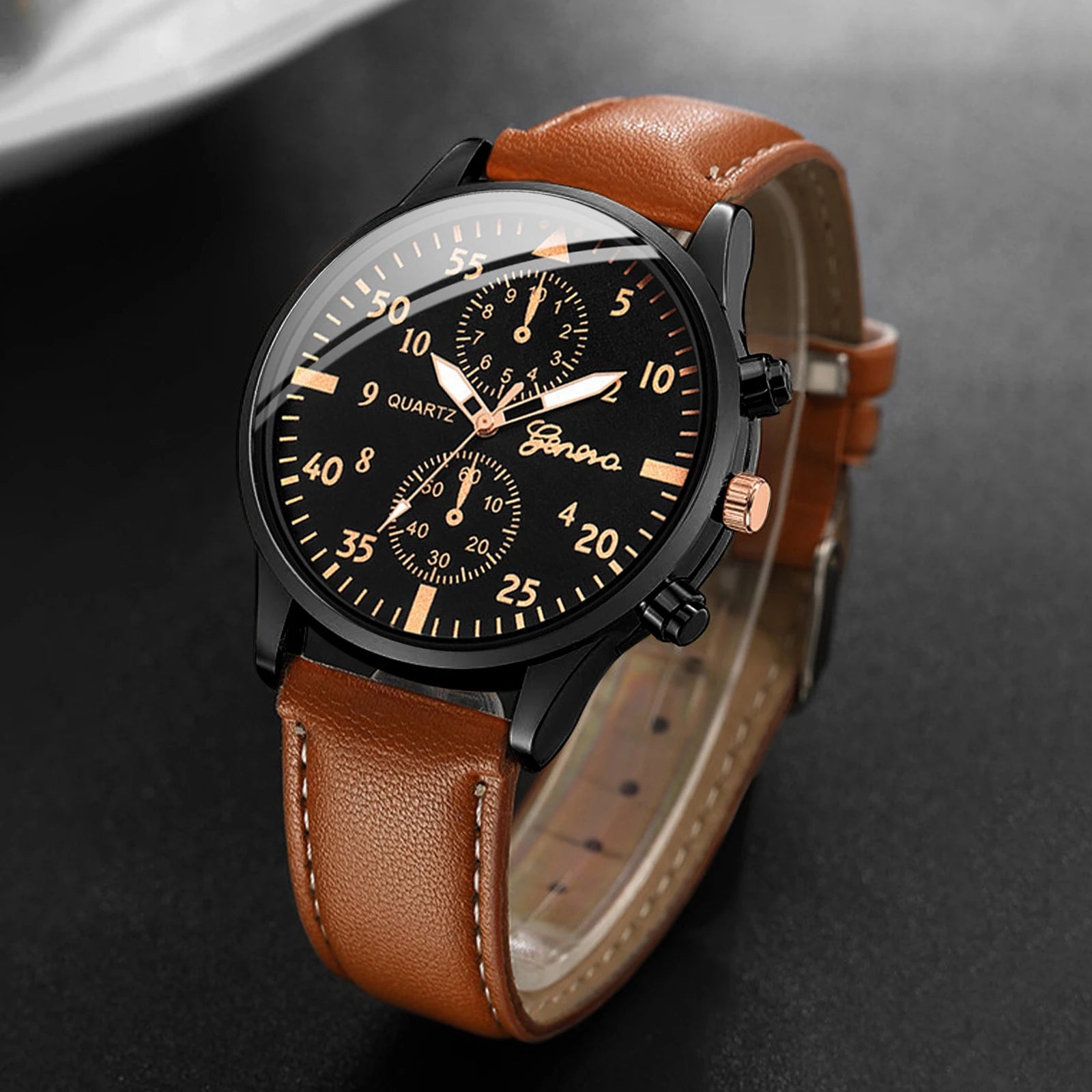 4Pcs/Set Men'S Business Watches Fashion Arabic Dial Leather Band Quartz Watches Vintage Bracelets Set（Without Box）