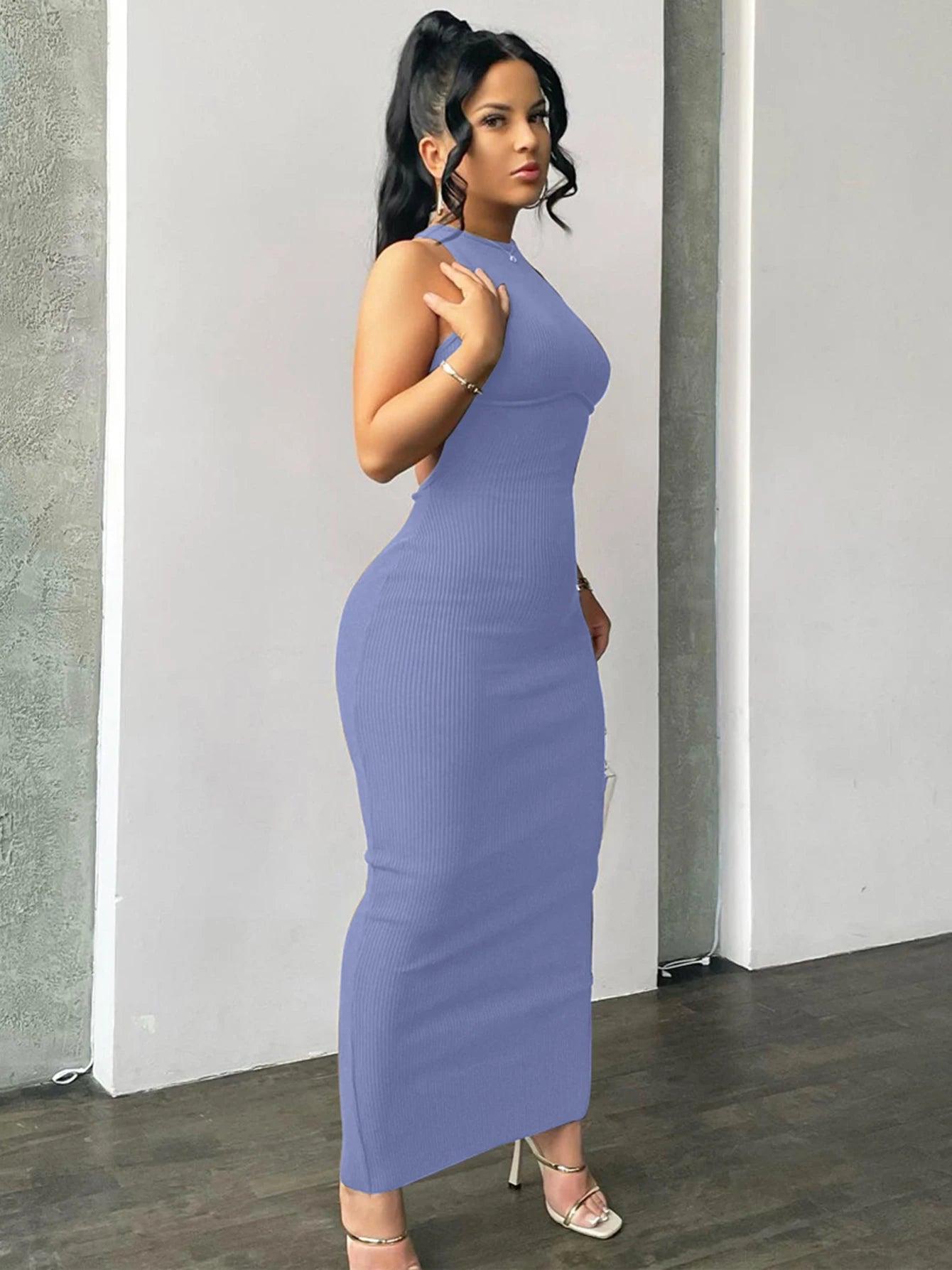 Ribbed Solid Hollow Out Backless Sleeveless Sexy Slit Mini Dress Bodycon 2025 Spring Women Outfits Elegant Party Y2K