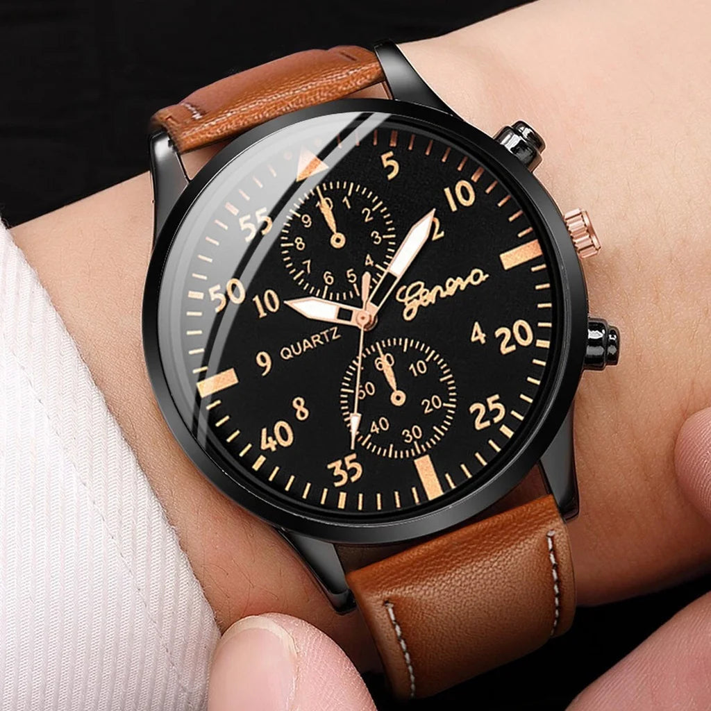 4Pcs/Set Men'S Business Watches Fashion Arabic Dial Leather Band Quartz Watches Vintage Bracelets Set（Without Box）