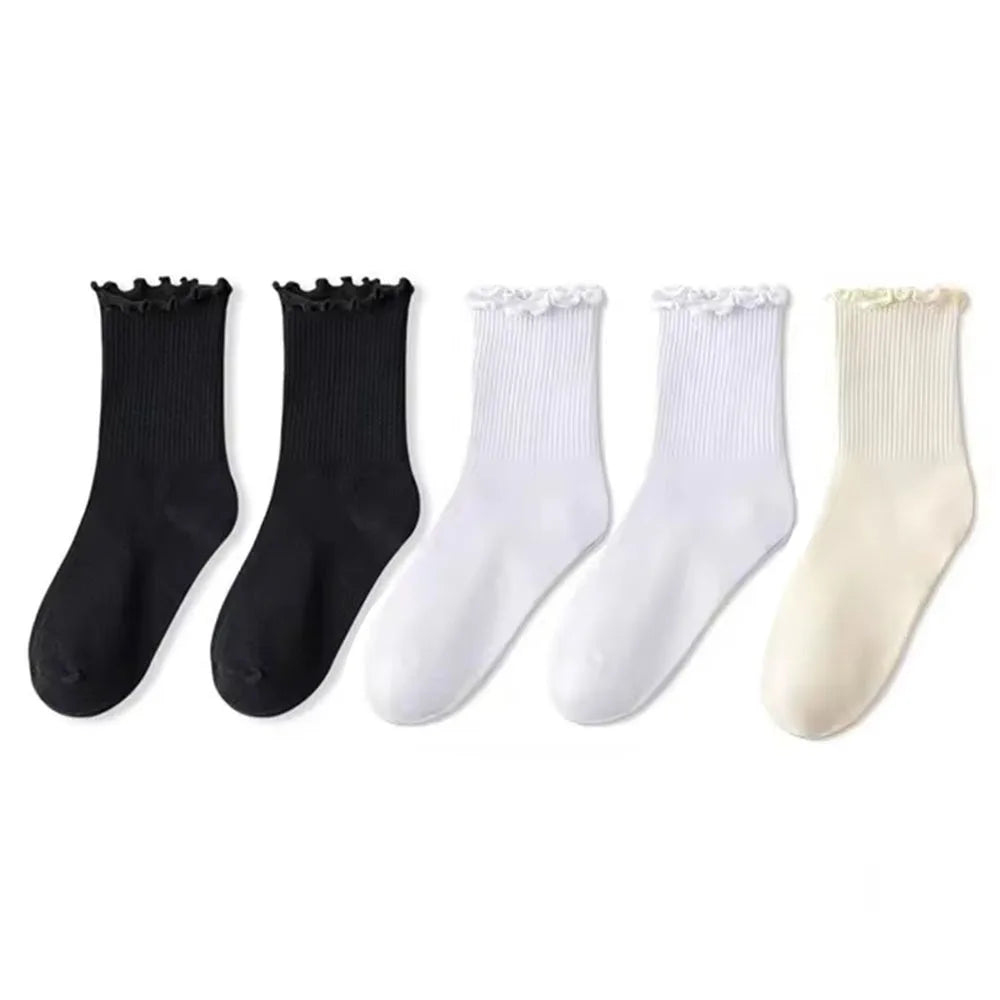 3/5/6/10 Pairs Ruffled Mid Length Socks Women Breathable Solid Color Set Spring and Autumn Comfort Sweat-Absorbing Girls' Socks