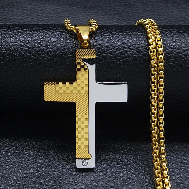 Cross Christian Church Prayer Necklace Men Stainless Steel Gold Color Bible Amulet Necklaces Jewelry Colar Masculino N2005S02