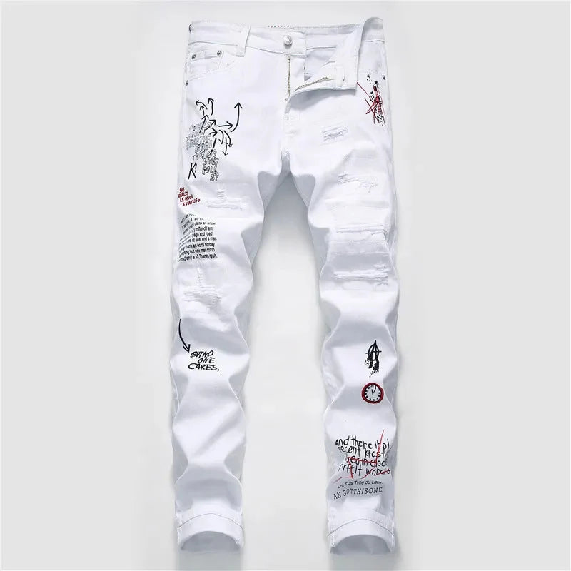 New Men Streetwear Personality Ripped Printed White Skinny Jeans Hip Hop Punk Casual Motorcycle Stretch Denim Jeans Trousers