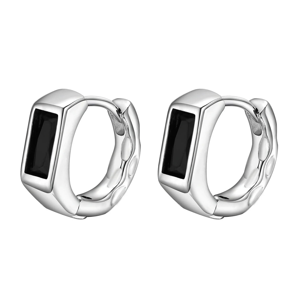 Geometric Black Stone Earrings for Men Boys,Silver Color Metal Hoop Earrings,Stylish Gift for Husband Dad Boyfriend