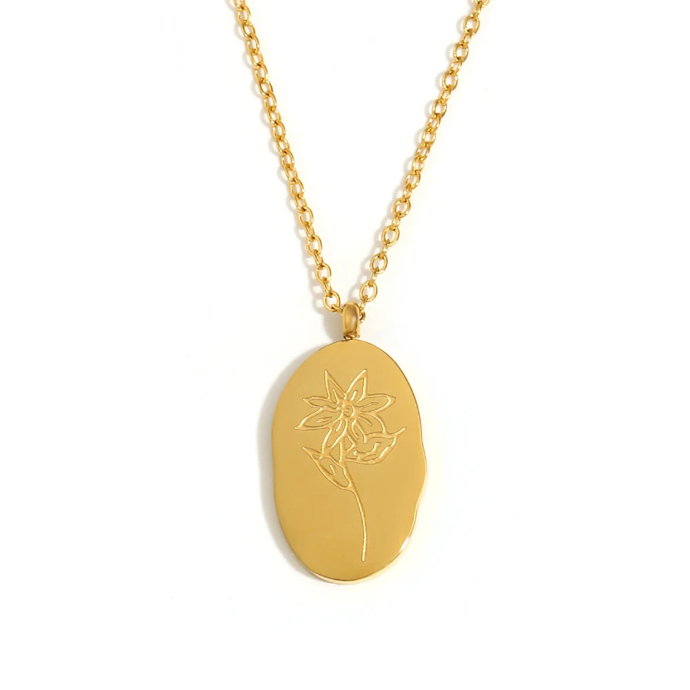 Tarnish Free Irregular Personality 12 Months Flower Pendant Necklace Stainless Steel Gold Plated Birthstone Necklace