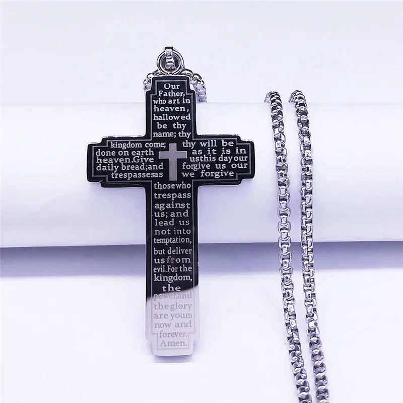 Christian Bible Cross Chain Necklace Stainless Steel Pendant Necklace for Men Religious Prayer Jesus Jewelry Corrente Masculina
