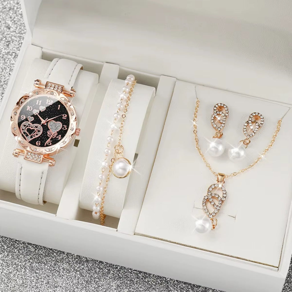 4Pcs/Set Women'S Shiny Rhinestone Quartz Watch Analog PU Leather Wrist Watch Faux Pearl Jewelry Set Girls Gift（Without Box）