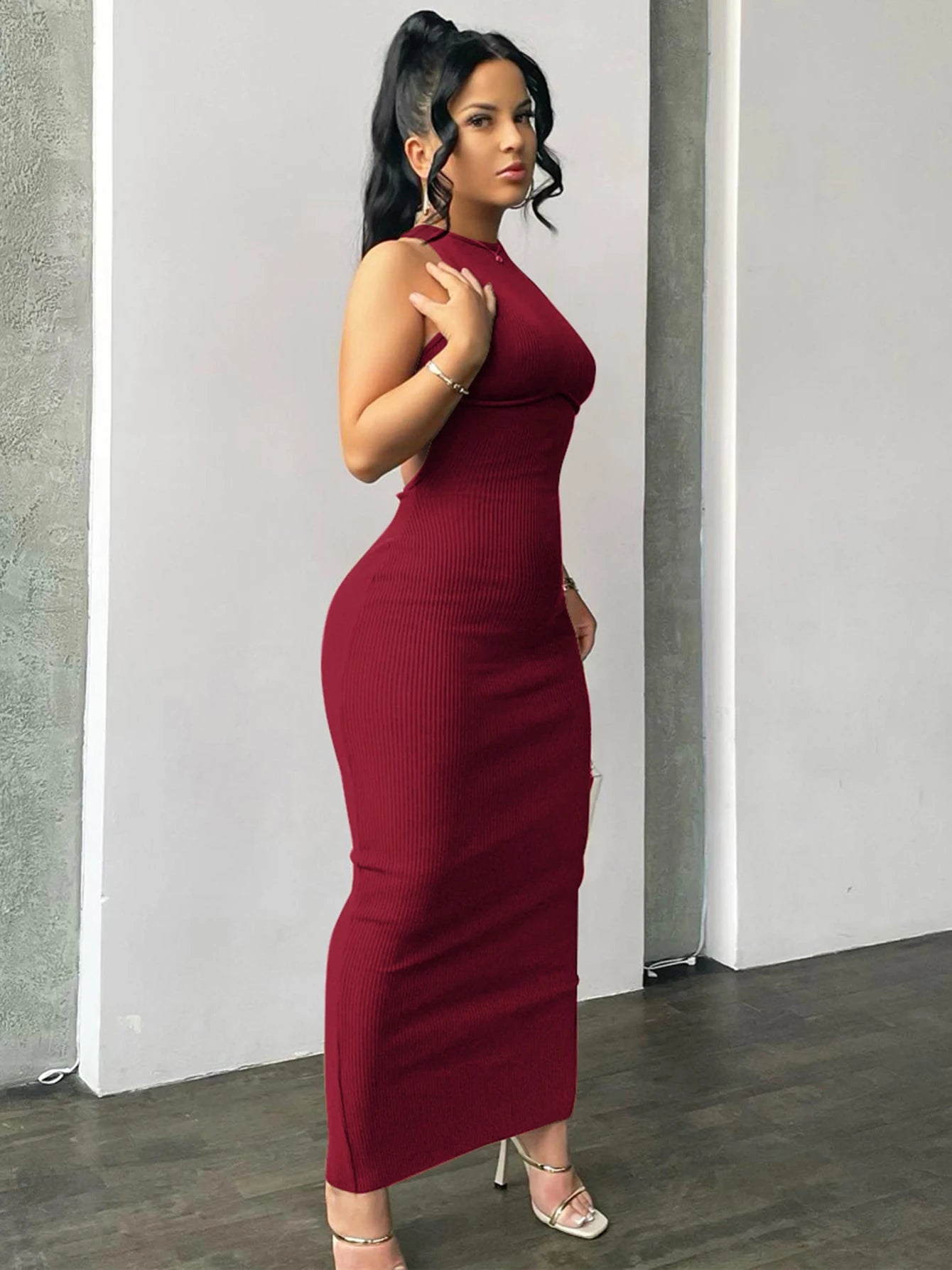 Ribbed Solid Hollow Out Backless Sleeveless Sexy Slit Mini Dress Bodycon 2025 Spring Women Outfits Elegant Party Y2K