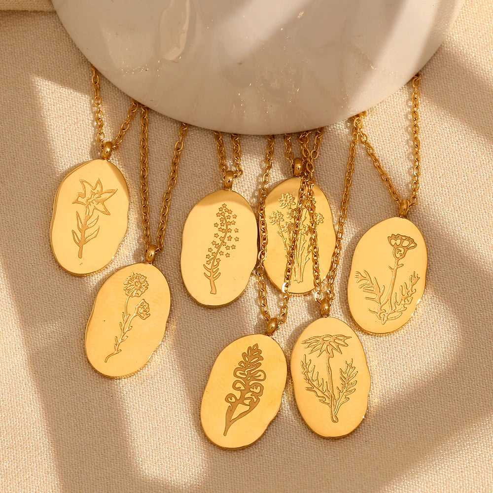 Tarnish Free Irregular Personality 12 Months Flower Pendant Necklace Stainless Steel Gold Plated Birthstone Necklace