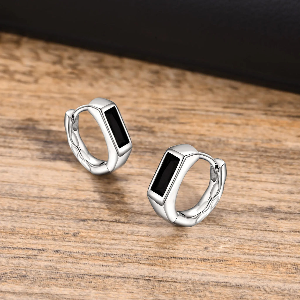 Geometric Black Stone Earrings for Men Boys,Silver Color Metal Hoop Earrings,Stylish Gift for Husband Dad Boyfriend
