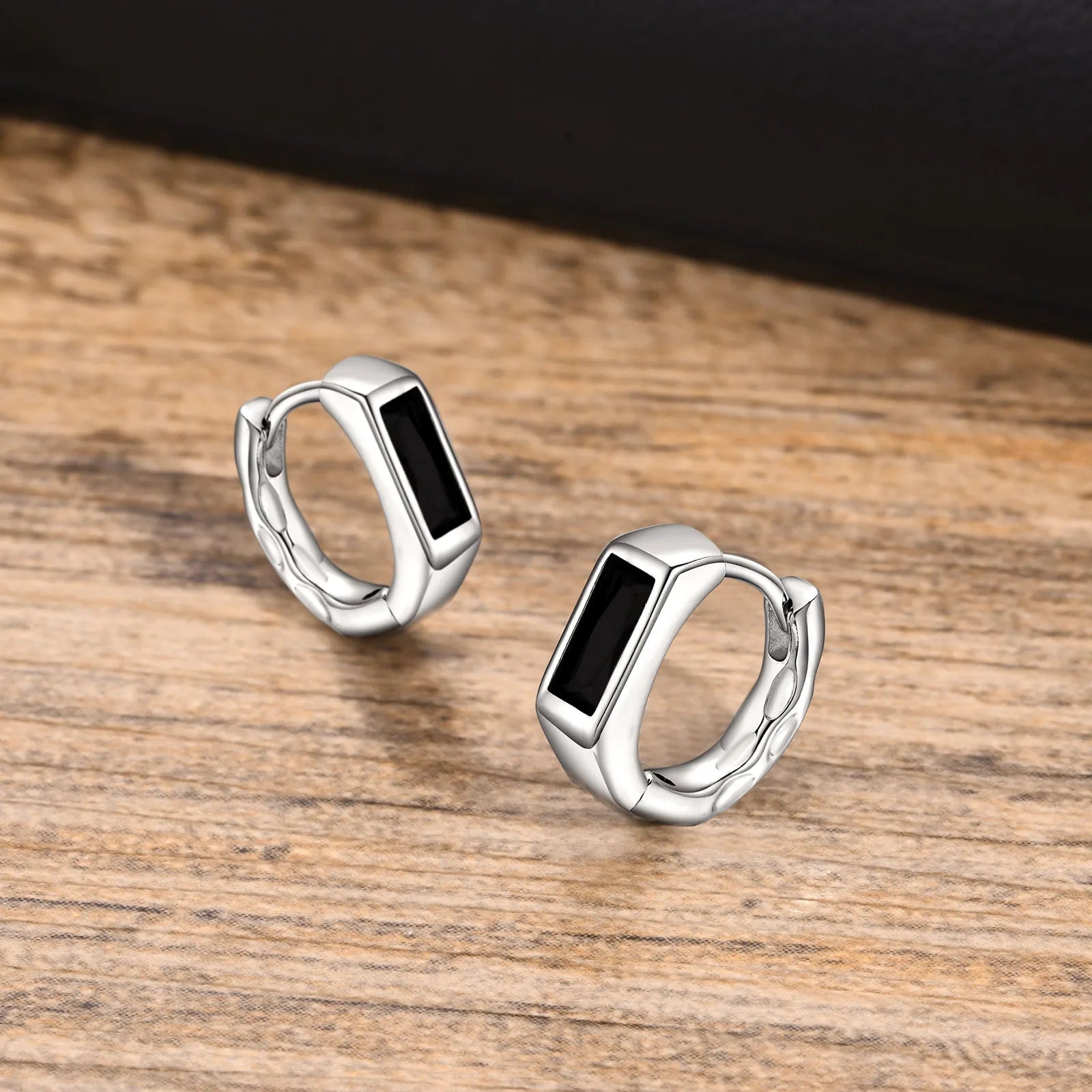 Geometric Black Stone Earrings for Men Boys,Silver Color Metal Hoop Earrings,Stylish Gift for Husband Dad Boyfriend