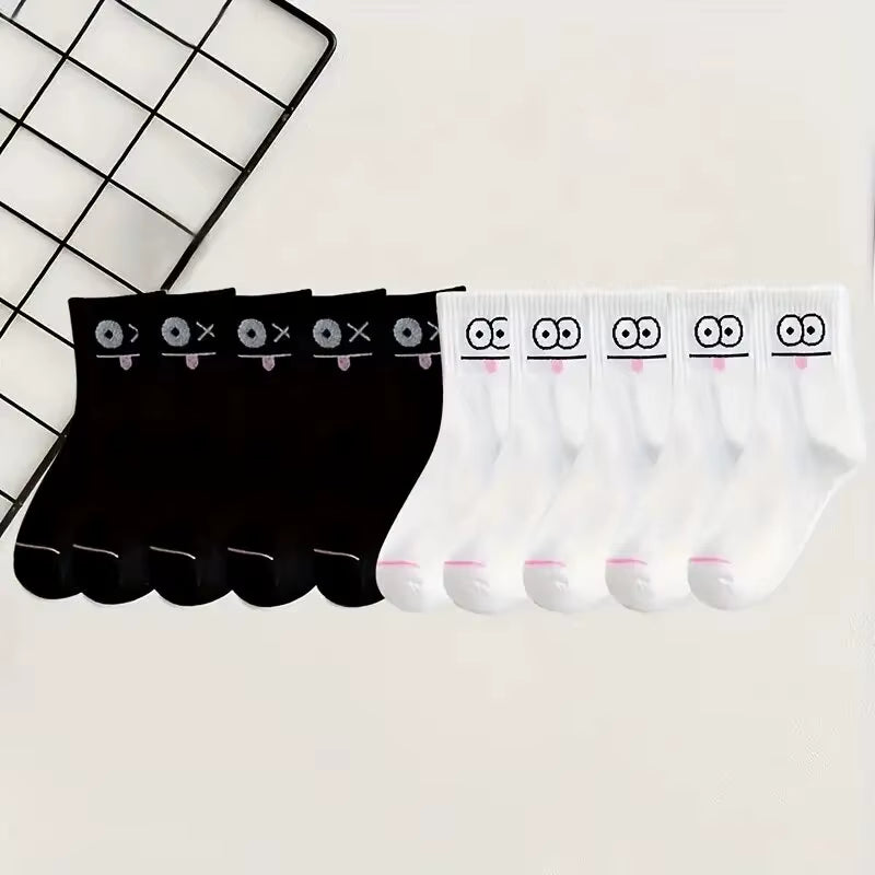 5/10 Pairs Women'S Cute Expression Printed Ankle Socks Comfort Interesting Spring Autumn Medium Tube Sock Girls' Short Socks